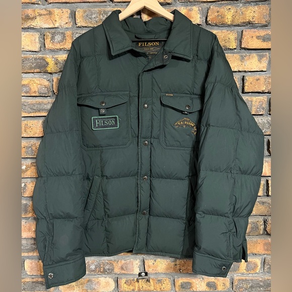 Filson Lightweight Down Jac-Shirt Men Size XL Green Jacket 650 Fill Patches Puff